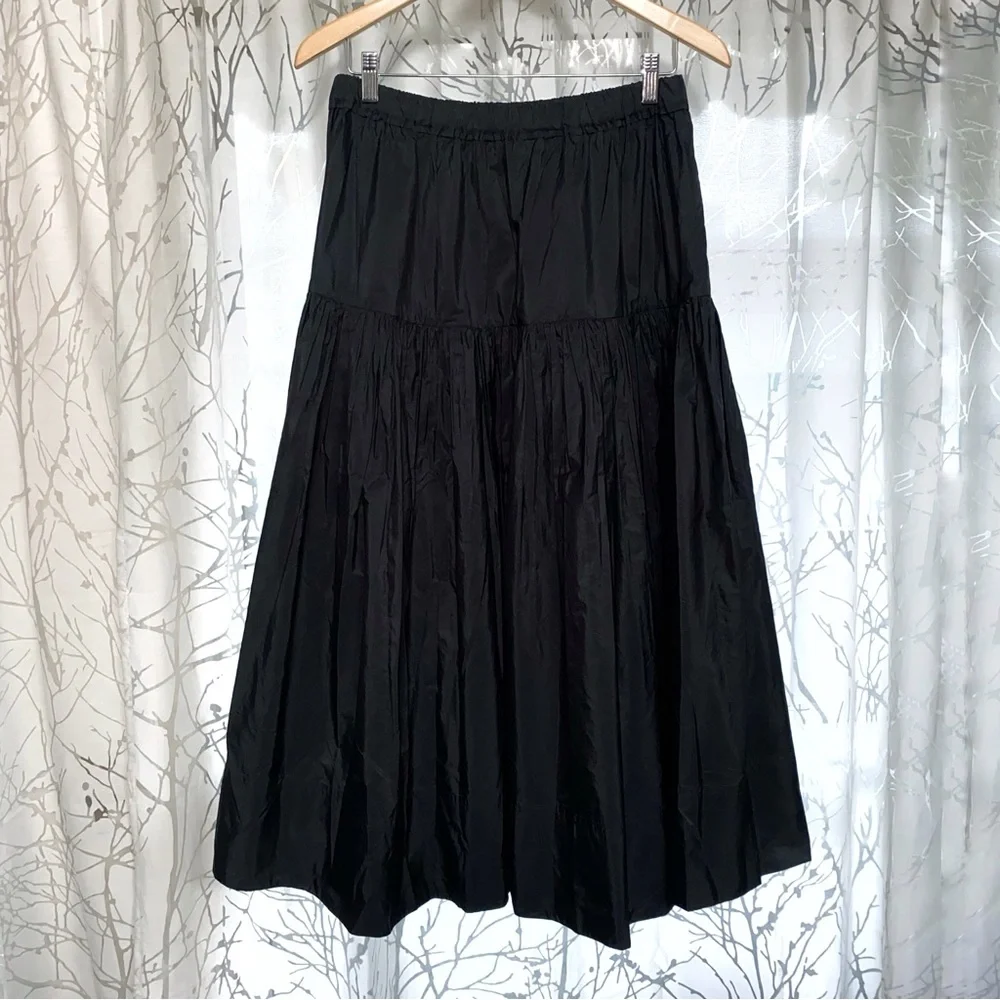 TANYA TAYLOR BLACK TIERED TAFETTA LARA MIDI SKIRT pull on stretchy waist - Picture 4 of 10